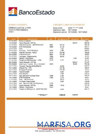 Downloadable Chile Banco del Estado de Chile bank statement word real example